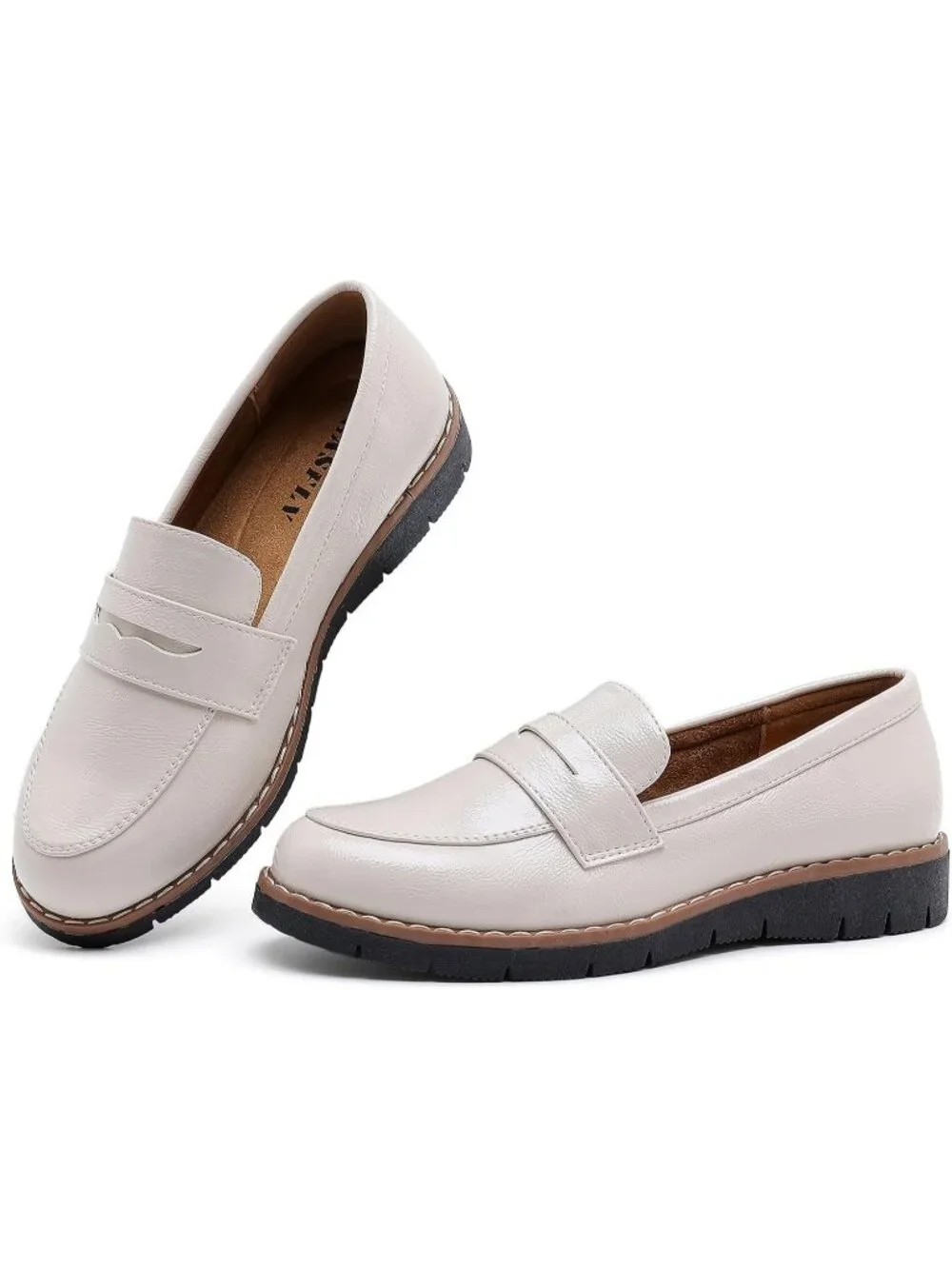 🆕Women's Bright Beige Round Toe Platform Chunky Heeled Loafers Business Shoes